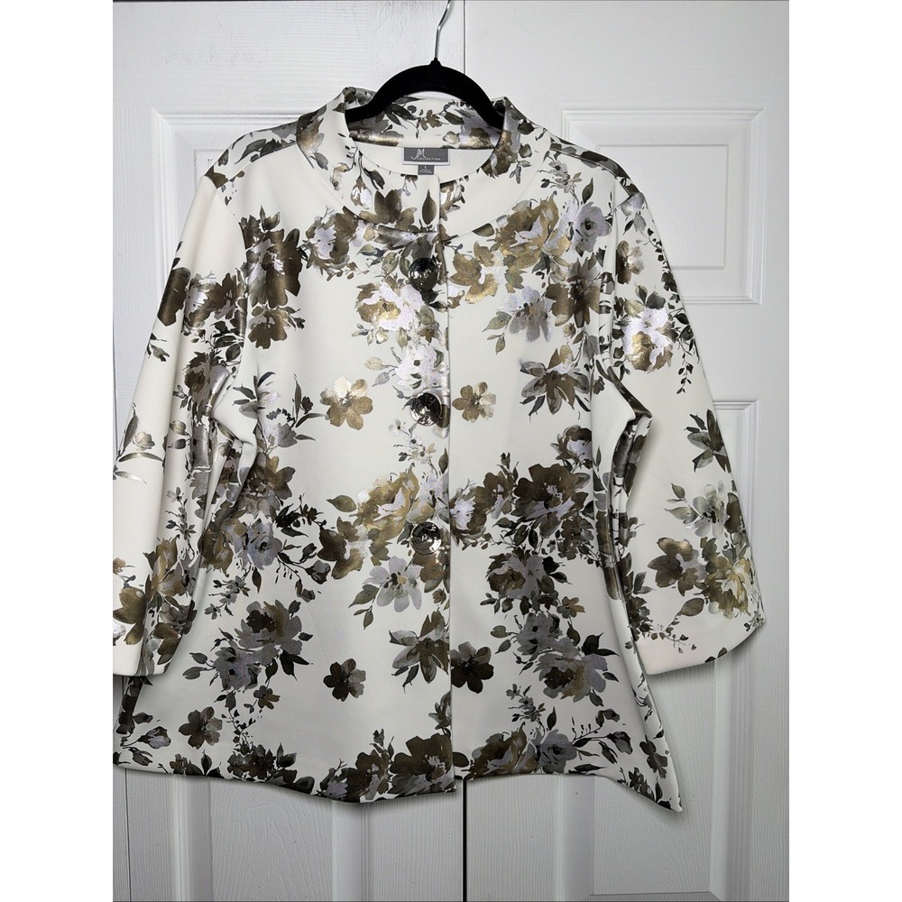 JM Collection Floral Metallic Jacket‎ Womens Size L White Gold Silver Scuba Foil